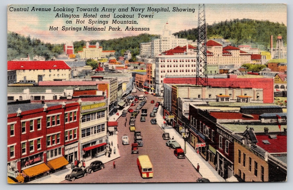 Arkansas~Hot Springs Natl Park~Central Ave~Hospital~Hotel~Tower~Linen Postcard