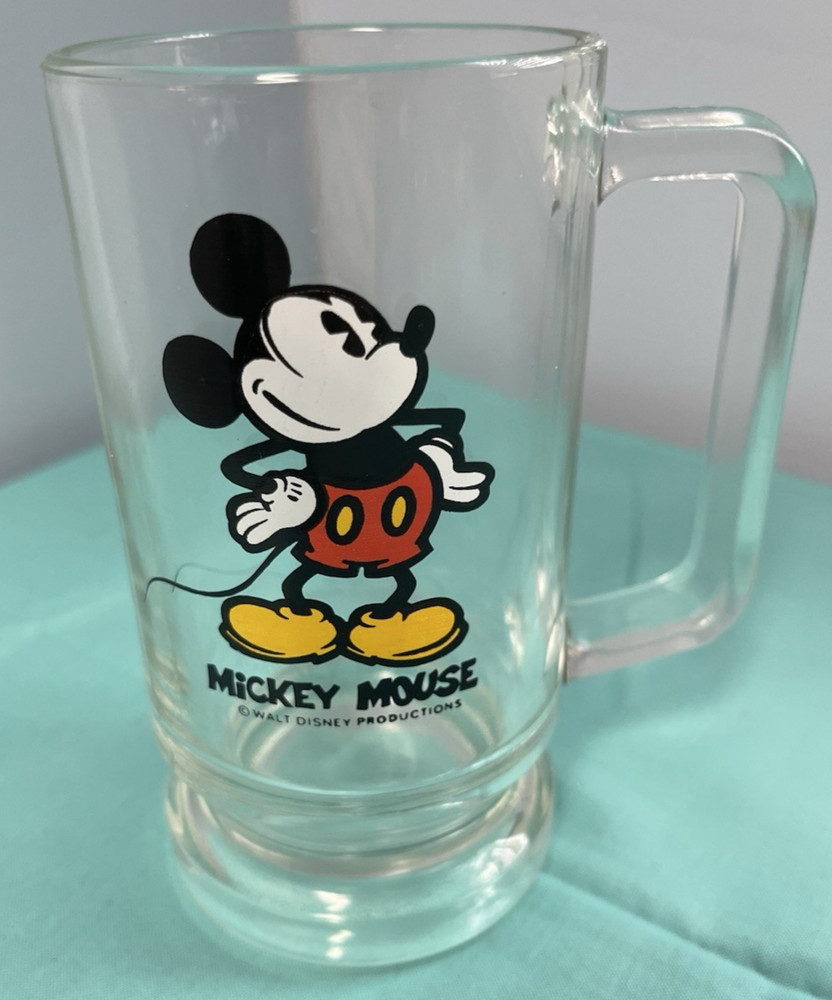 Vintage Walt Disney Mickey Mouse Clear Glass Mug Cup 5.5in with Handle 1970s