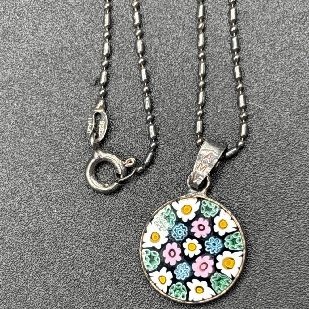 Vintage Murano Millefiori Glass Pendant Sterling Silver Flower Mosaic Necklace