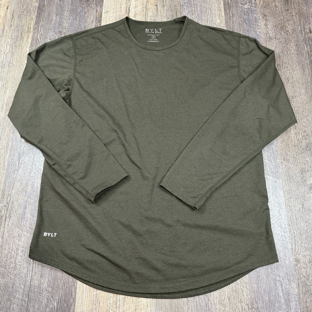 BYLT Drop Cut Long Sleeve Shirt Mens XL Green Signature Crew Stretch Casual Tee