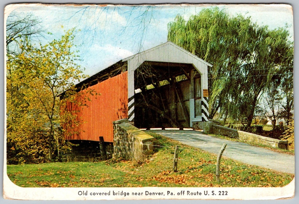 Vtg Postcard Old Covered Bridge Denver, PA 1950s