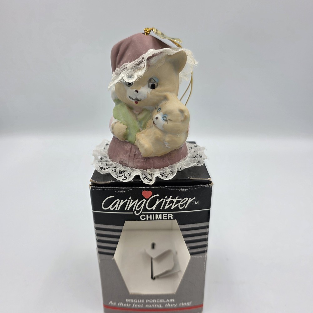 Vintage Jasco Caring Critter Chimer Bell Mother Cat & Sleeping Kitten Ornament