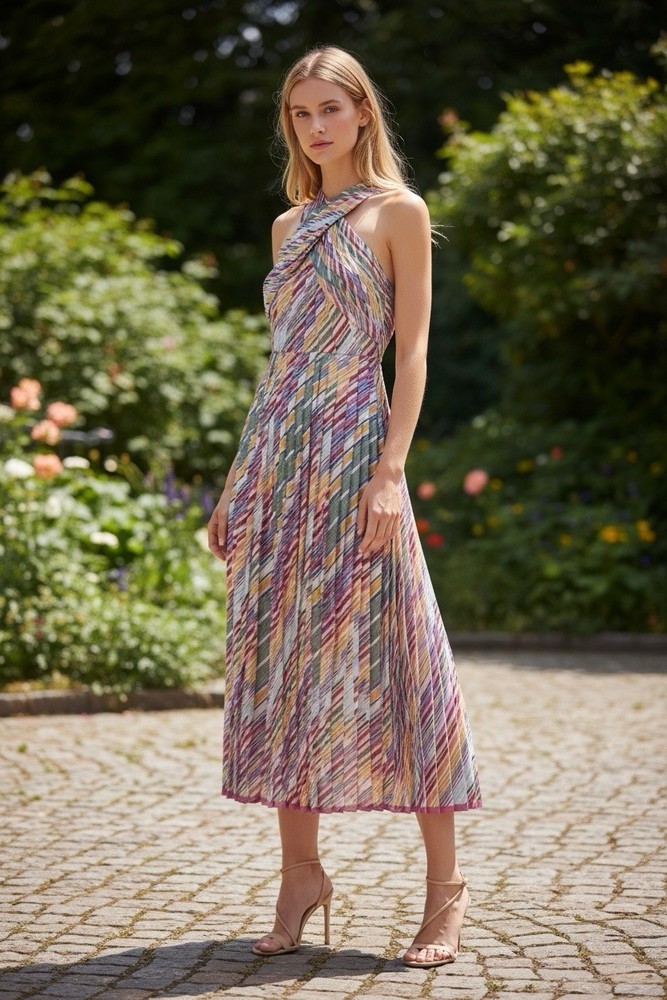 ML Monique Lhuillier Crossneck Pleated Dress Msrp $545 Size M