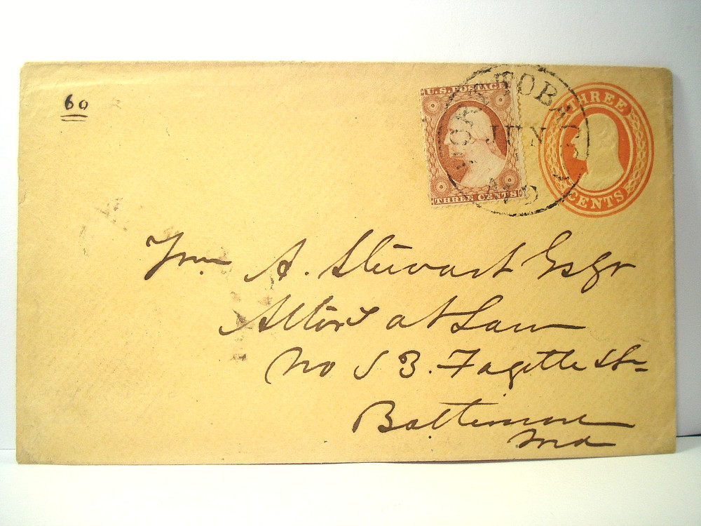 1850's U.S. #26 + U10 GEORGE WASHINGTON ISSUE Entire Cover PORT TOBACCO MD