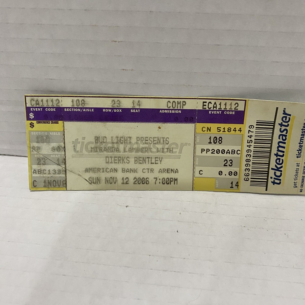Dierks Bentley & Miranda Lambert Concert Ticket 11/12/2006 CC Texas