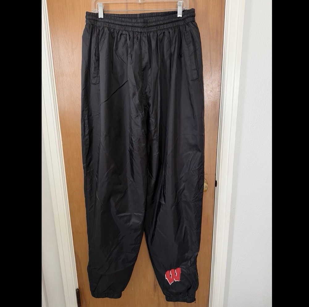 Wisconsin Badger Champion Windbreaker Pants Mens XXL Black Zip Ankle Joggers 2XL