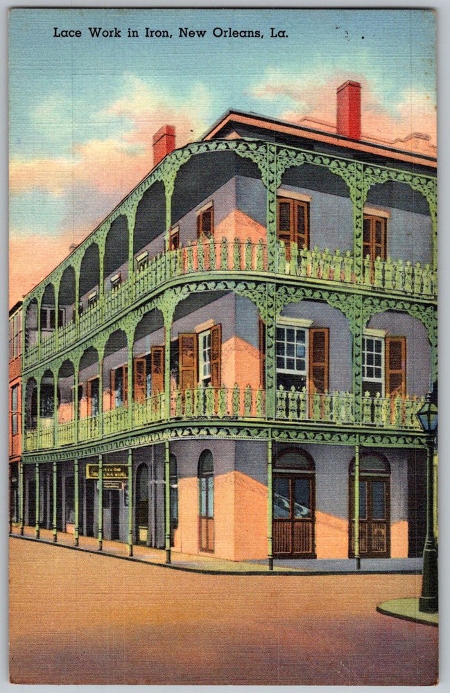 Vtg Linen Postcard Lacework Iron Balcony New Orleans, LA 1930s