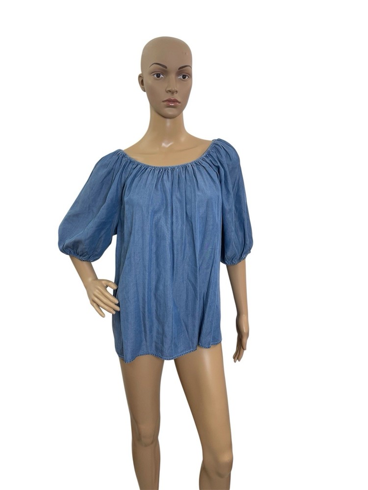 Loft Women’s Size Large Short Puff Sleeve Blue Chambray Blouse