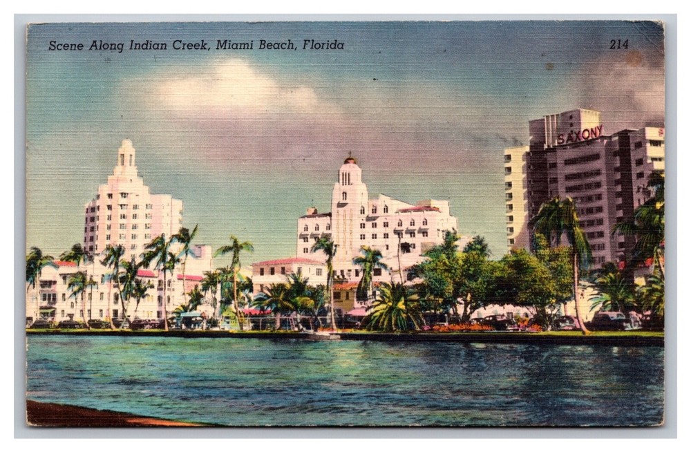 Miami Beach Florida Scene Along Indian Creek Saxony Linen Postcard Posted 1953
