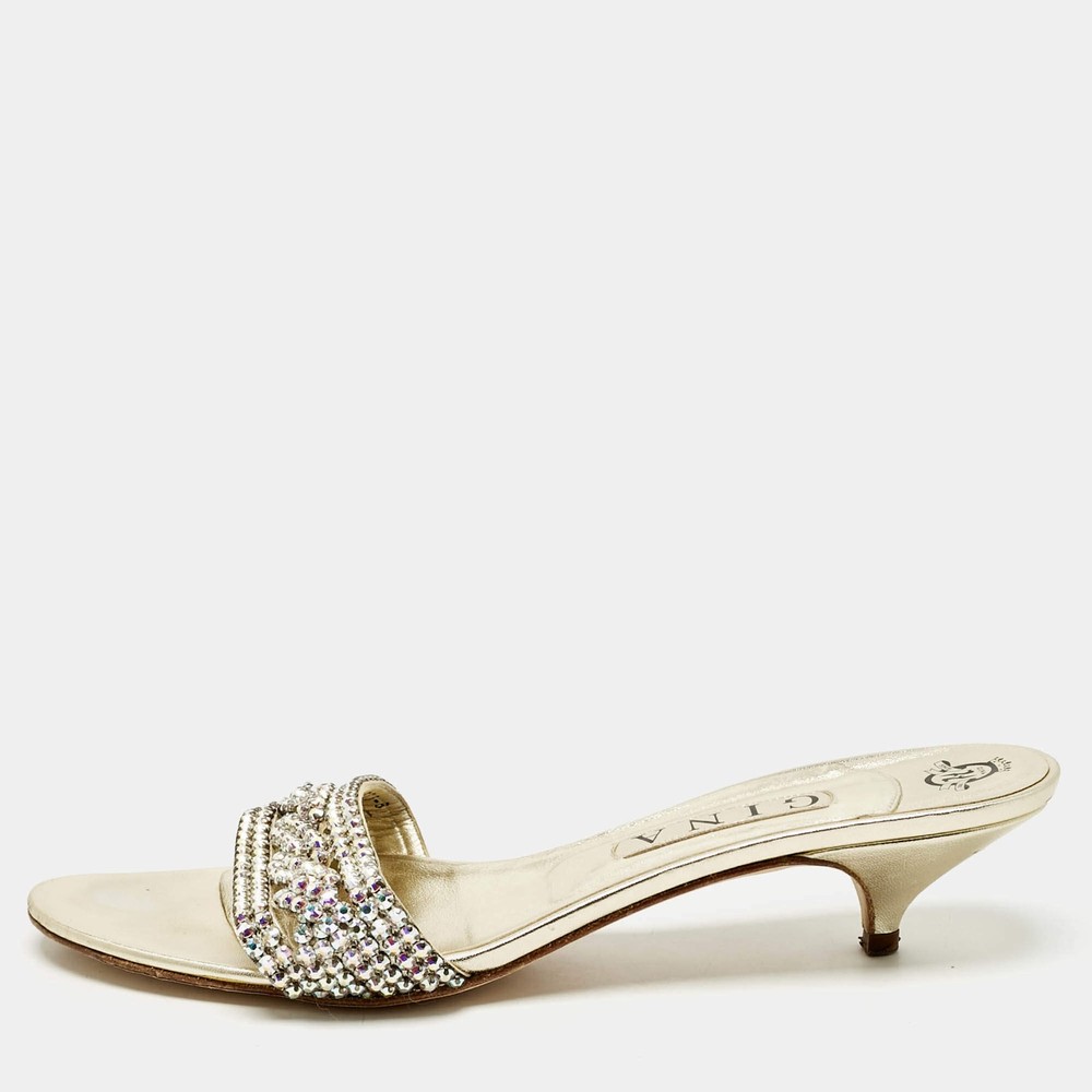 Gina Gold Leather Crystals Embellished Sain Slide Sandals Size 41