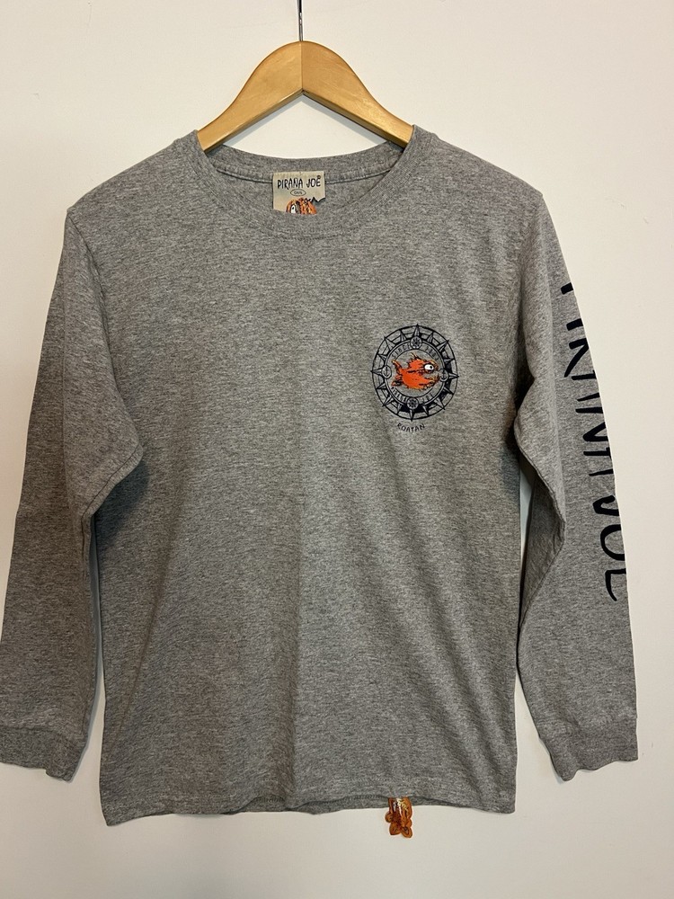 Pirana Joe Men's T-Shirt Long Sleeve Small Gray Cotton Blend Crew Neck Logo Tee