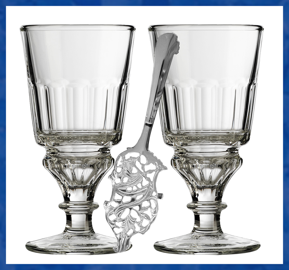2 French Pontarlier Absinthe Glasses & Absinthe Spoon Set-image