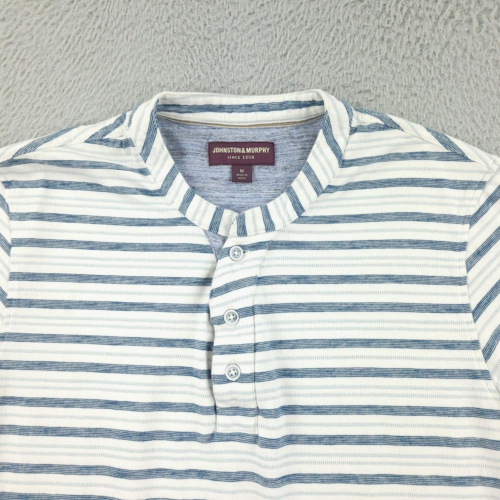 Johnston & Murphy Henley Shirt Mens Medium White Blue Stripe Short Sleeve Cotton