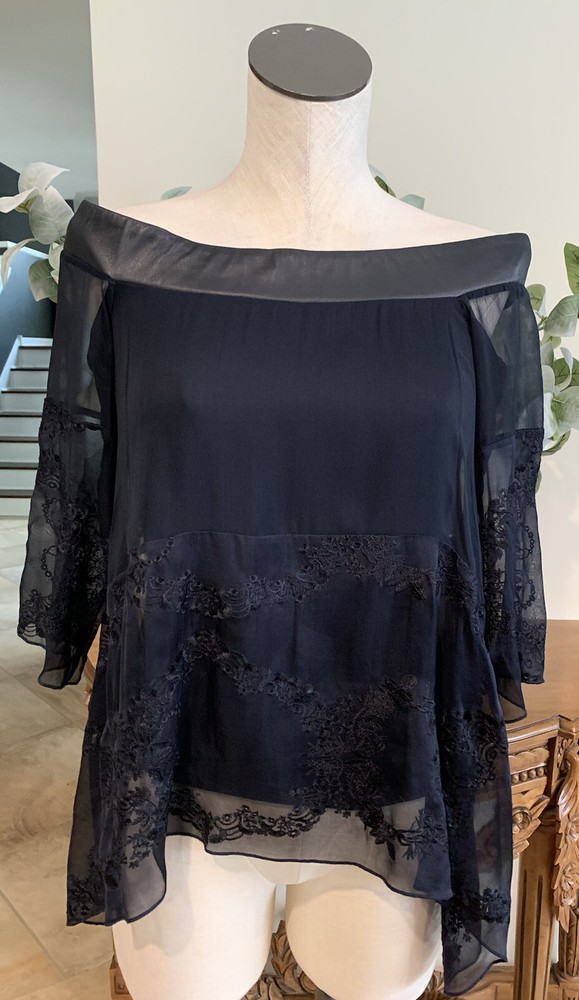 bailey 44 Women XS black silk leather trim off shoulder embroidered top
