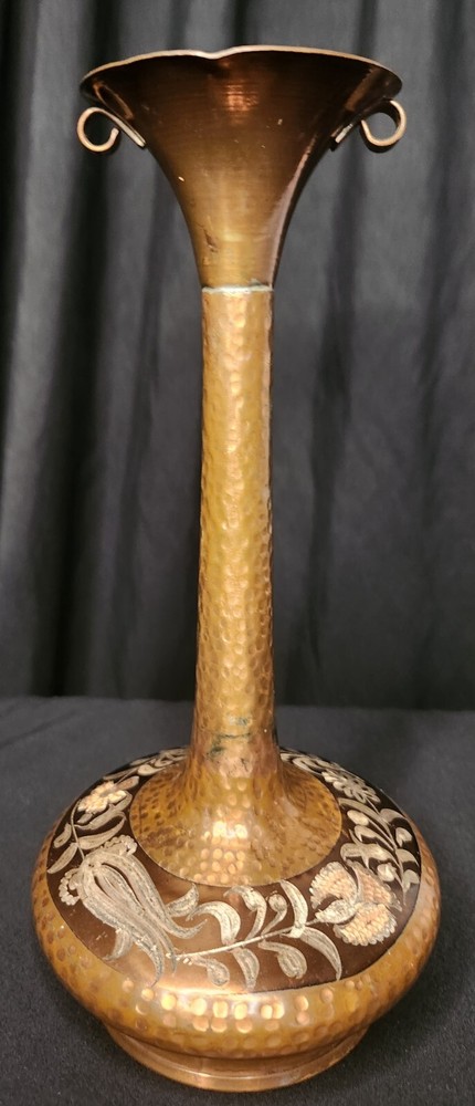 Rare Vintage Hand Made Hammered Copper Genie Style Vase Etched Floral Design 9