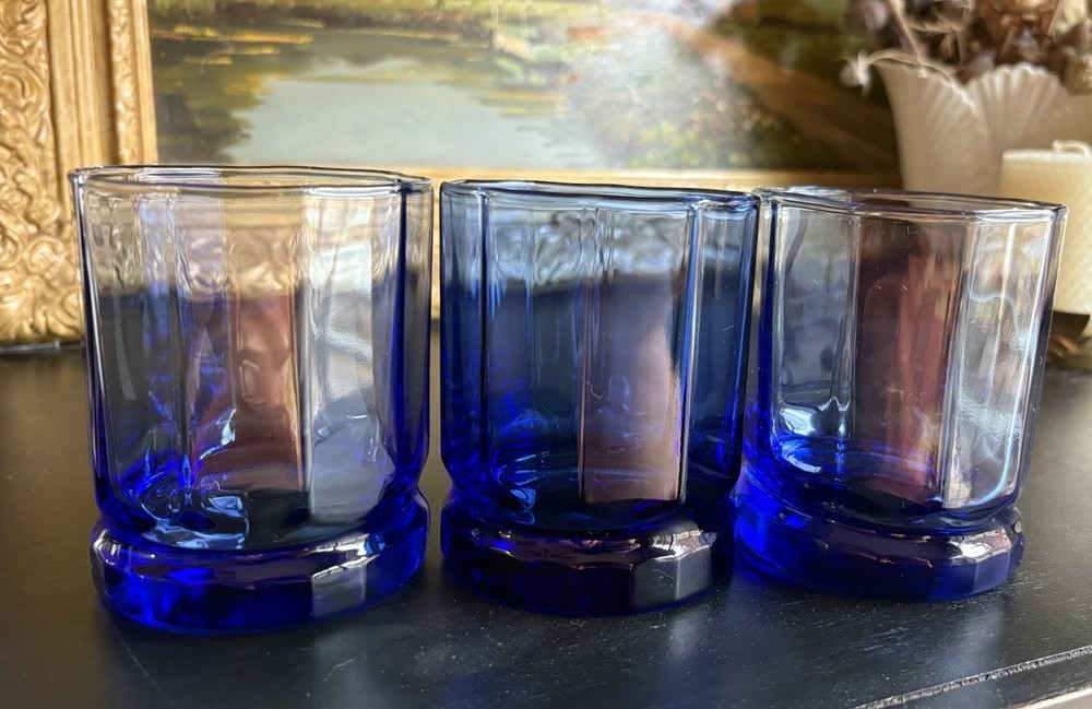 VTG  Anchor Hocking Cobalt Essex Juice Glasses/ Low Ball Tumblers Set of 3