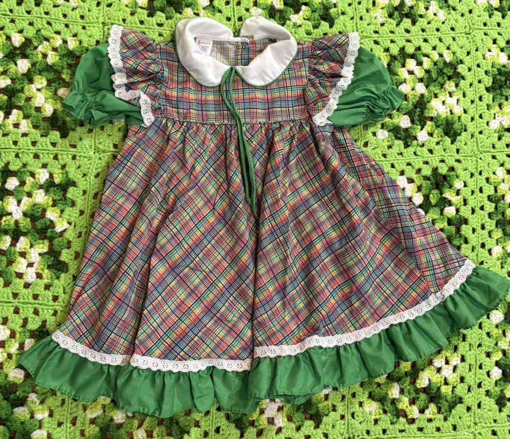Vintage Sears Perma Prest Toddler Ruffled Dress Youth Toddler Size 5 Green Plaid