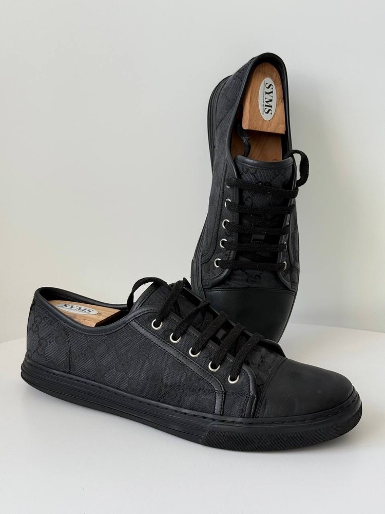 Gucci Canvas Monogram Sneakers Black Leather Low Tops Size 10.5 US / 43.5 EU
