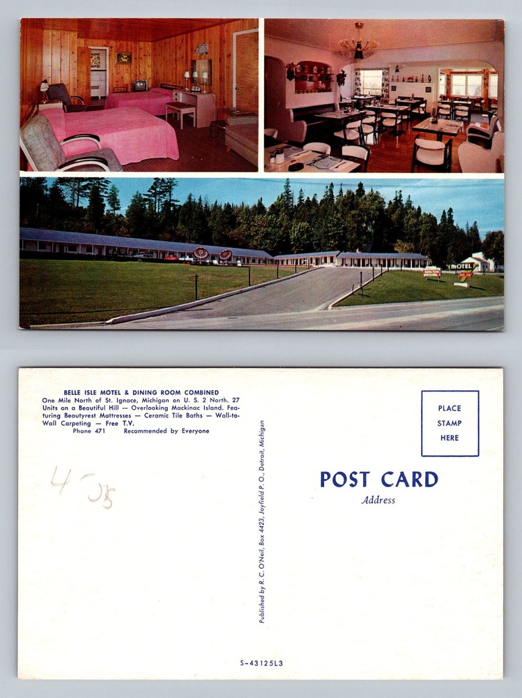 St. Ignace, MI-Michigan, Belle Isle Motel Overlooking Mackinac Vintage Postcard