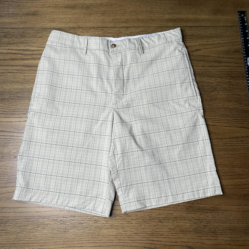 Greg Norman Mens Size 34 Plaid Gray Flat Front Medium Wash Golf Short