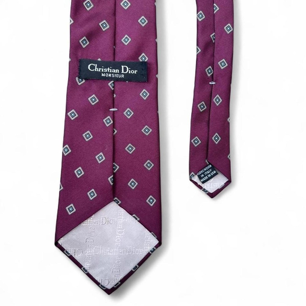 Vintage Christian Dior Men's Burgundy Geometric Pattern  100% Silk Woven Tie