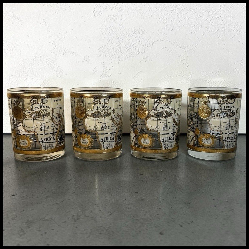 Set of 4 Vintage Cera 22K Gold Old World Map Lowball Rocks Glasses -MCM Barware