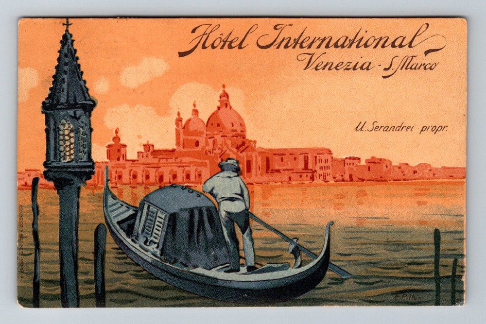 Italy- Venice Hotel International San Marco Gondola Souvenir PC Vintage Postcard