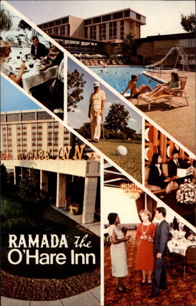 Des Plaines Illinois O'Hare Airport Ramada Inn multiview pool vintage postcard