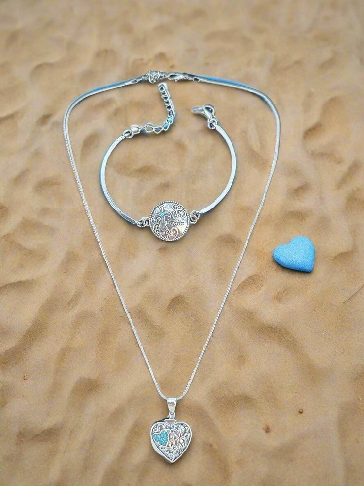 Blue Heart Faith Snap Button Necklace Bracelet Jewelry Set