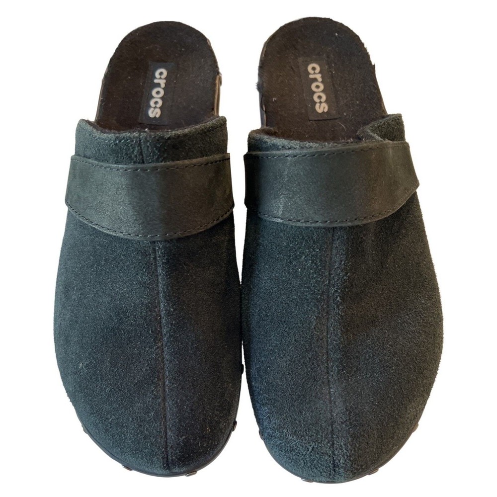 Crocs Clogs Womens Size 10 Black Suede Leather Rivets Shearling Lined Comfort