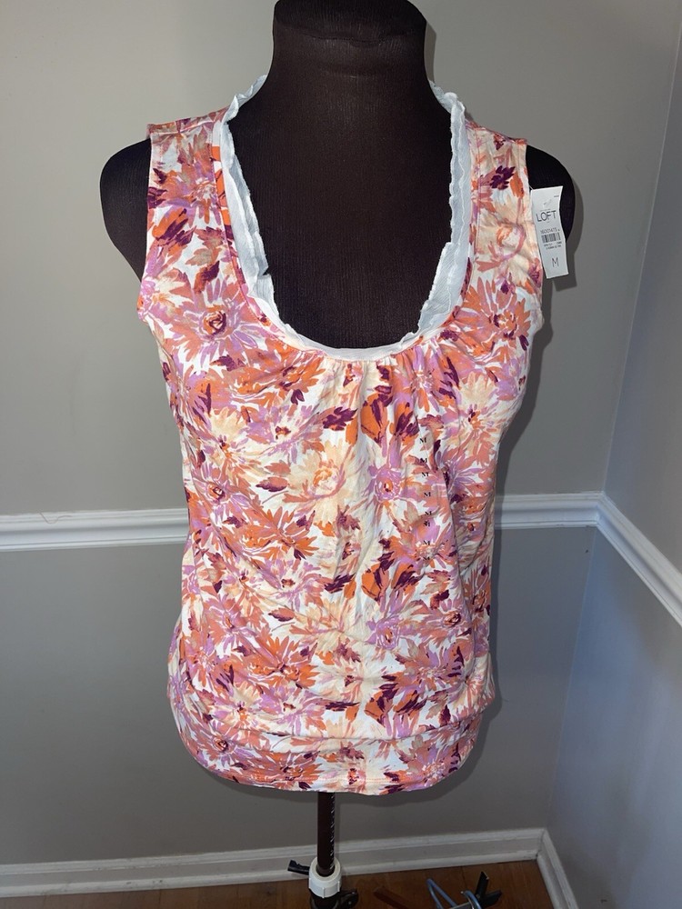 LOFT Floral Tank Top Pink Womens Sz M NWT