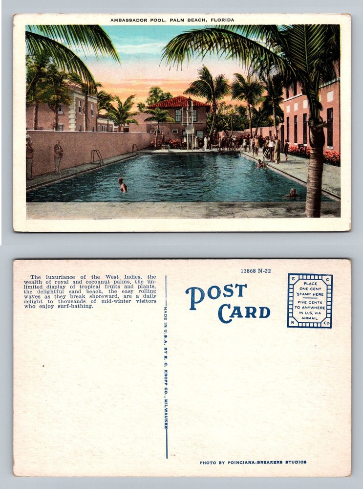 Palm Beach, FL-Florida, Ambassador Pool Scene Tropical View Vintage Postcard