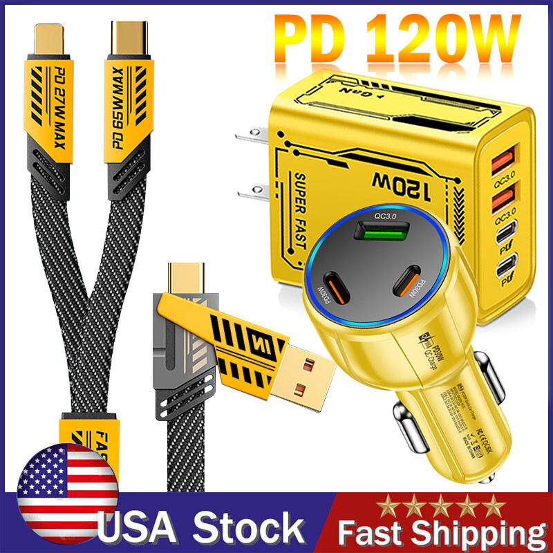 120W 4-Port USB C Wall Charger with PD 4FT Cable for Phone iPad Fast Charging