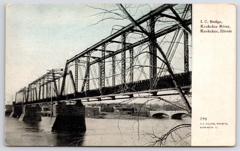 IL Kankakee River Illinois Central Railroad Bridge c1910 CU Williams Postcard