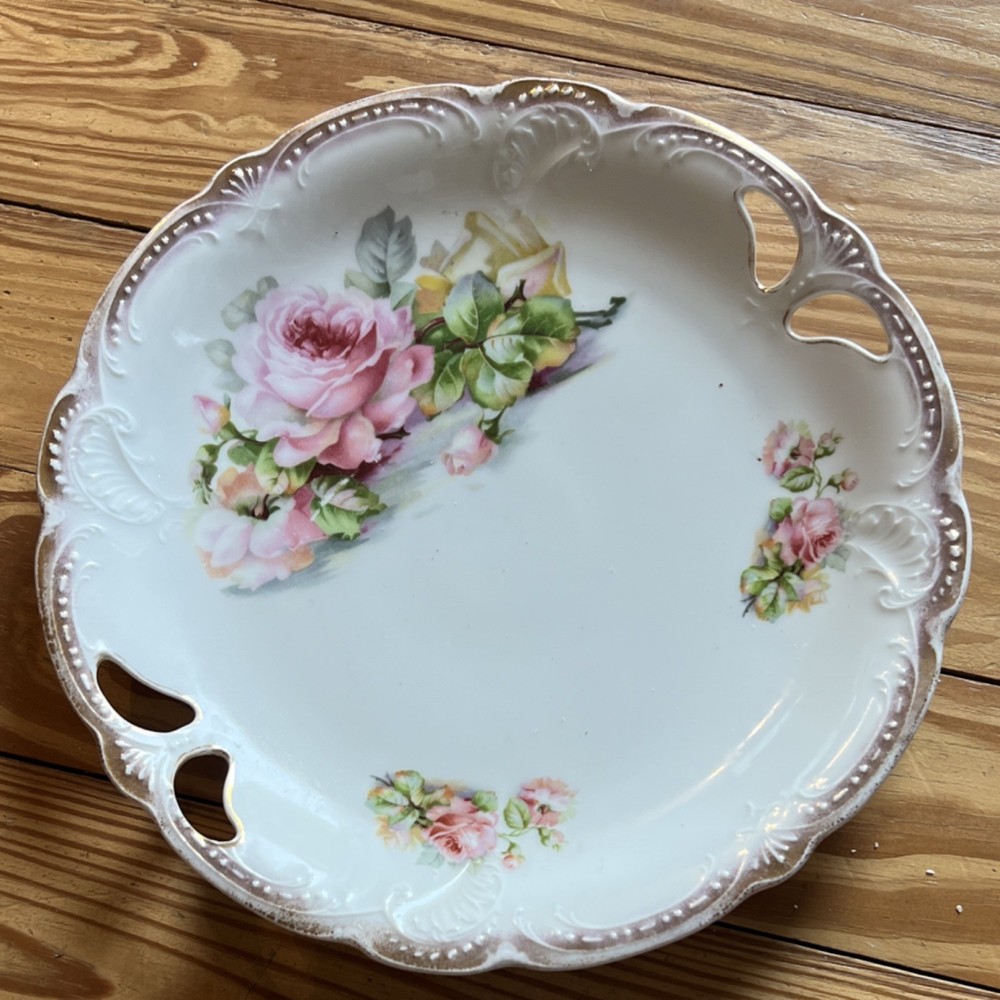 Victoria Porcelain Decorative Plate Pink Roses Floral Round Handles Glossy