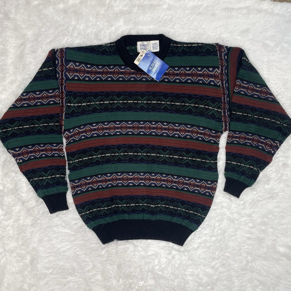 Vintage Robert Bruce Men’s Size L Large Printed Sweater 90s Y2K Green Red New