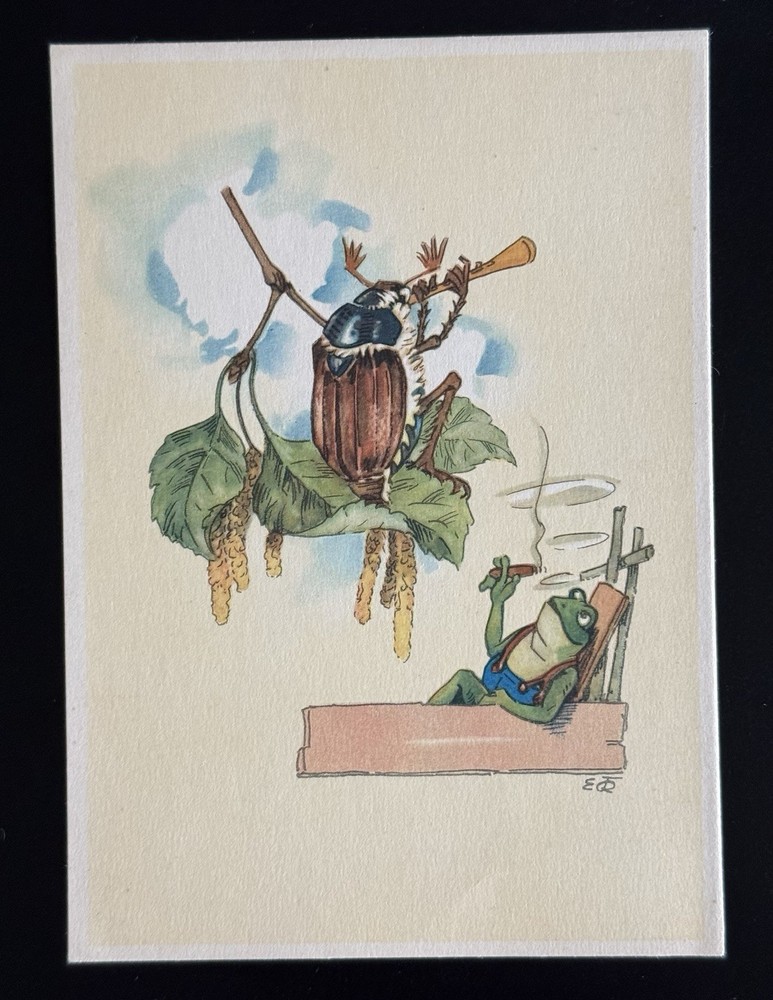 Antique Comic Frog Beetle Smoking Postcard Anthropomorphic