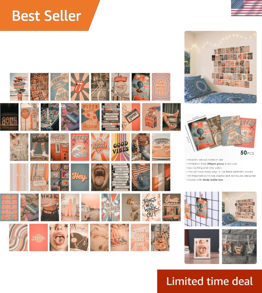 50-Piece Retro Wall Collage Kit - 4x6 Vintage Posters for Aesthetic Decor