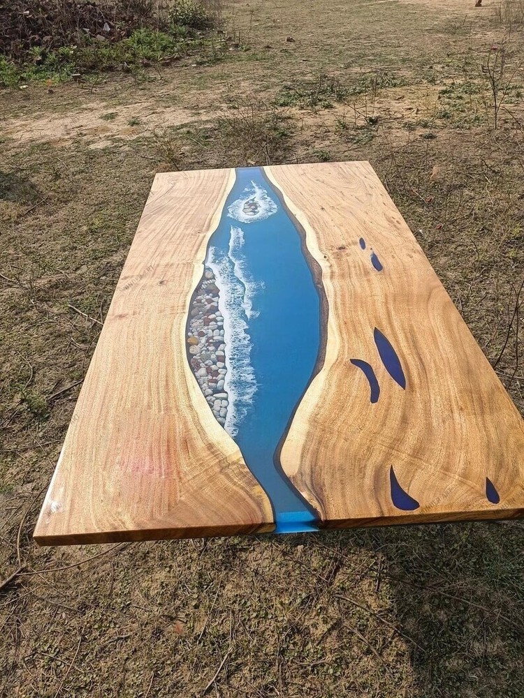 Epoxy Resin Ocean Table with Acacia Wood Base for Home Decor