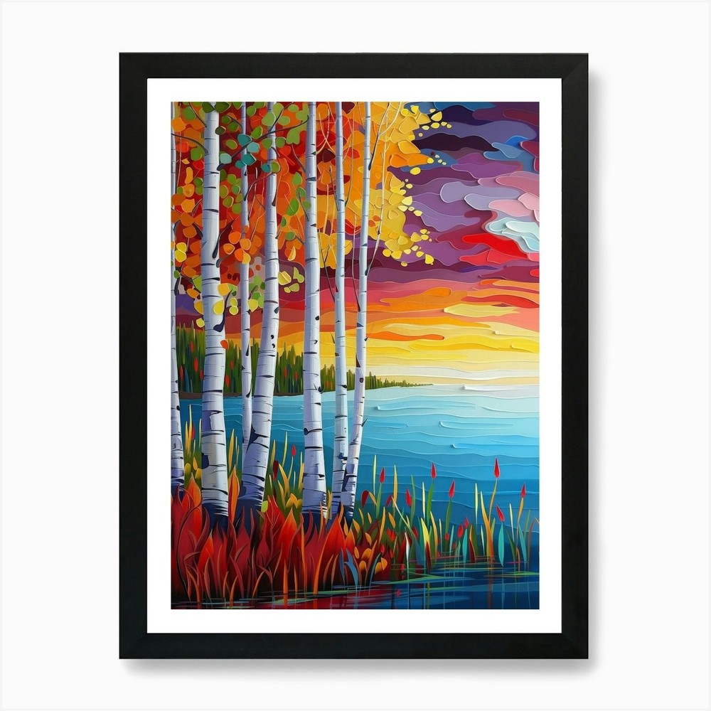 Sunset Birch Trees Framed Art Print Canvas Wall Decor Picture