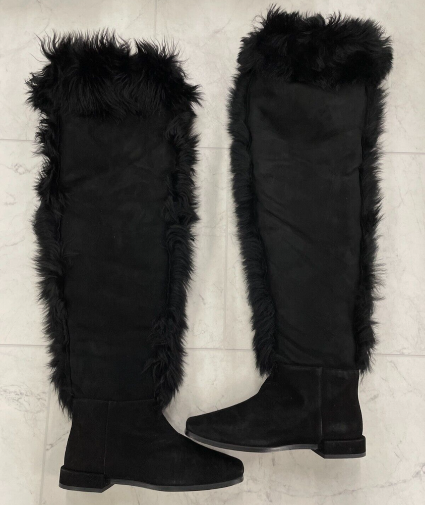 New $995 Frame LE Brighton Shearling Tall Suede Boots In Black SZ:37 (US 7)