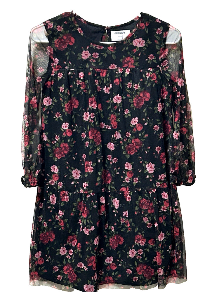 Old Navy Dress Girls SZ Large 10-12 Black w Red and Pink Roses Sheer Long Sleeve