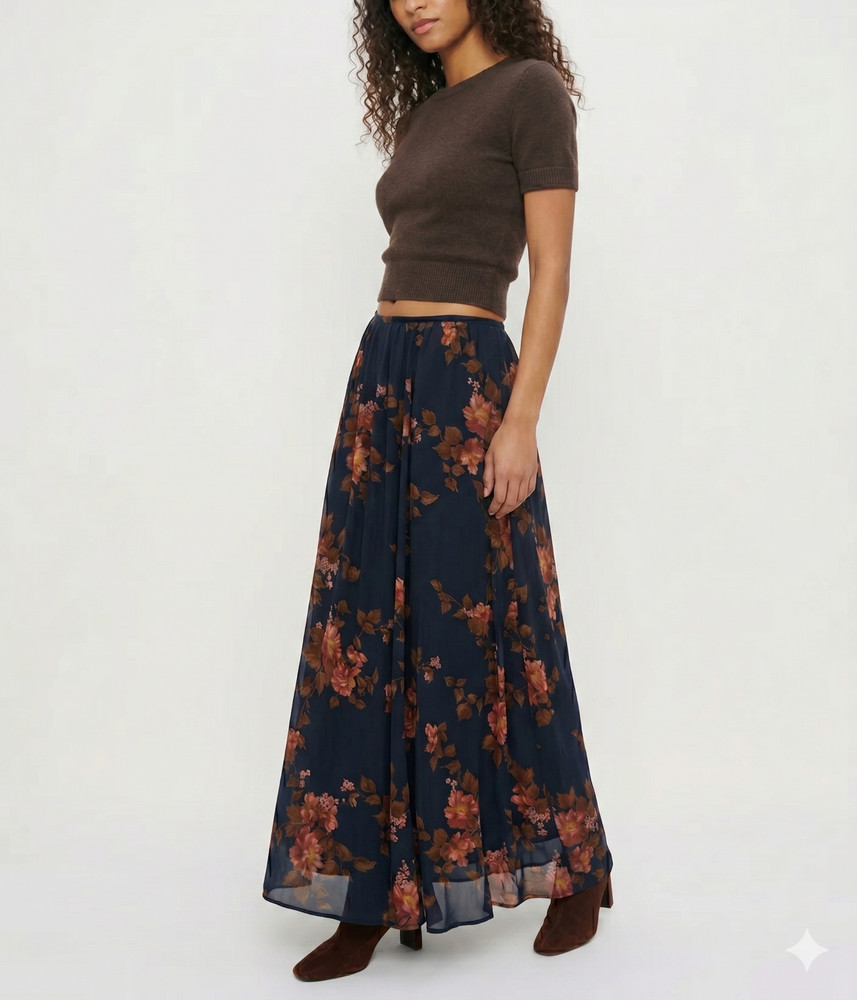 Reformation Lyric Gemma Maxi Skirt Floral Print Chiffon Navy Brown Boho