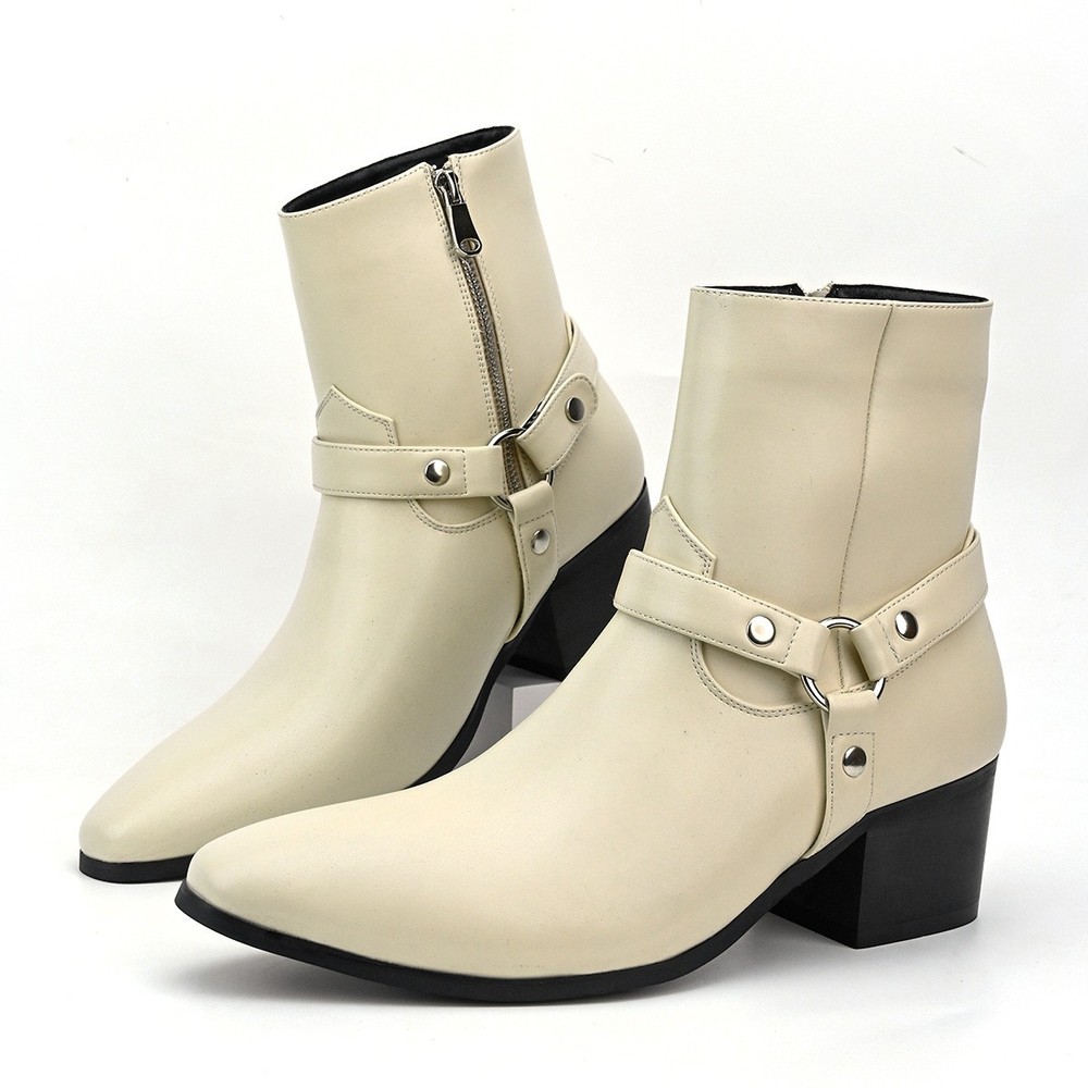 Men's Faux Leather Chelsea Ankle Boots Buckle Shoes Block Heel Side Zip Retro OL