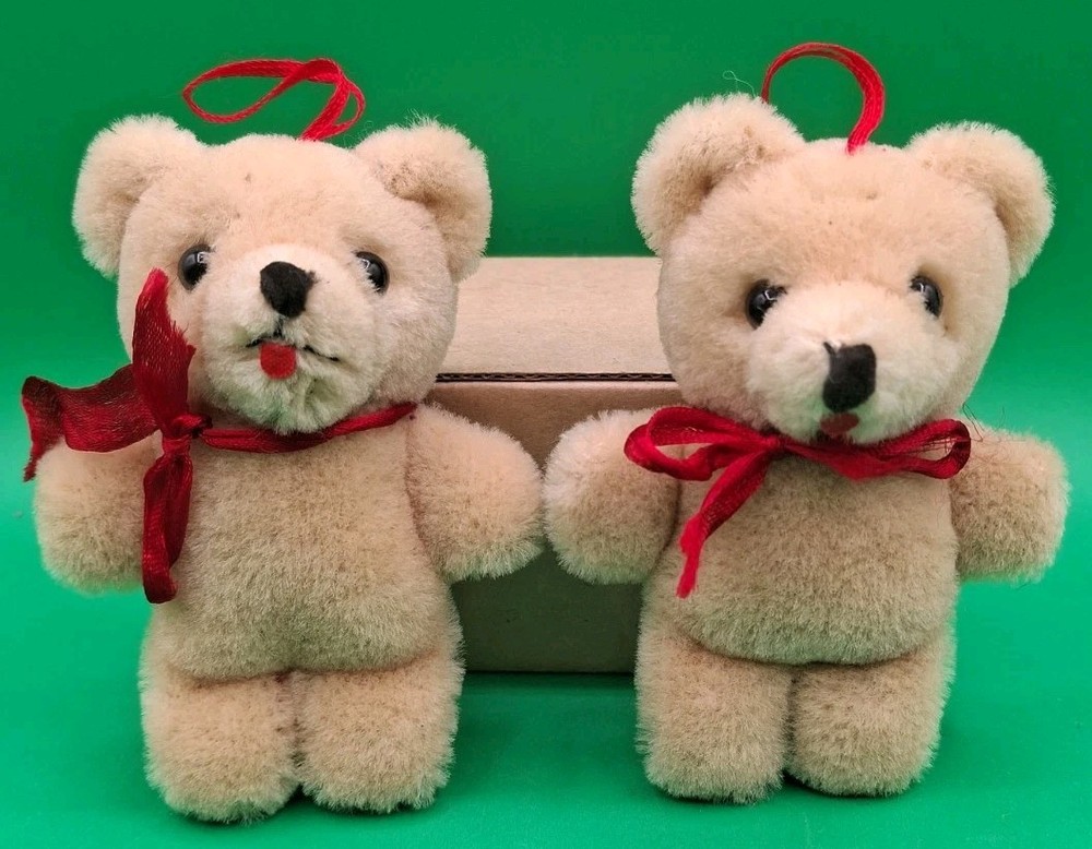 Vintage Set Of 2 Adorable Plush Teddy Bear Christmas Tree Ornaments