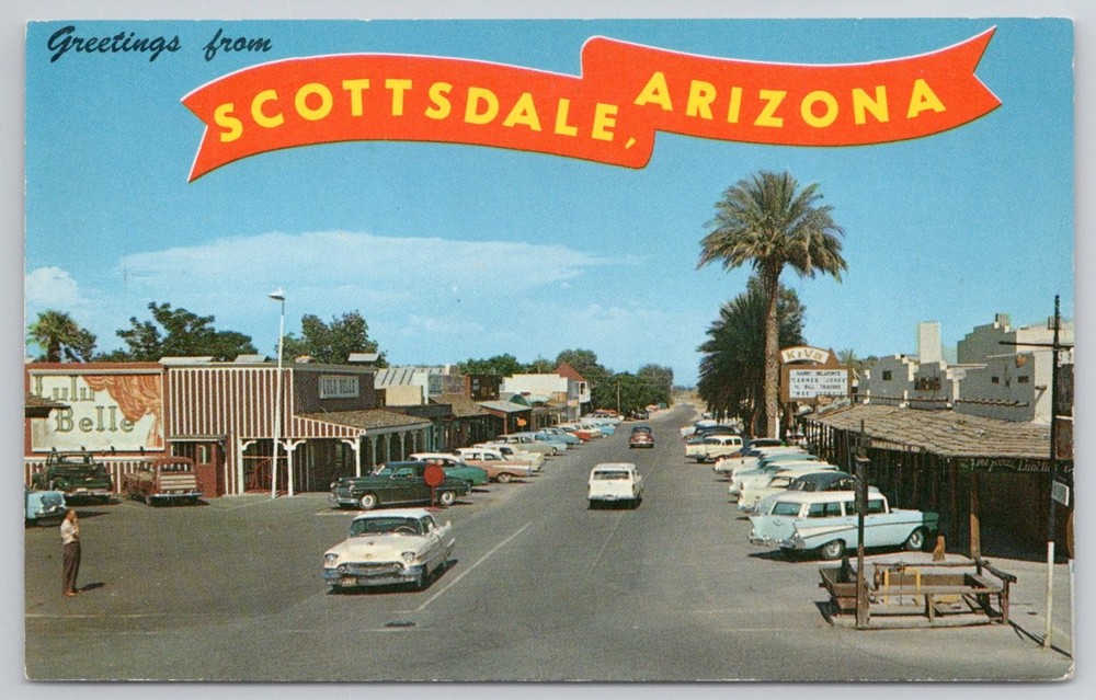 1959 Vintage Postcard Scottsdale Arizona Main Street Lulu Belle Cars Petley