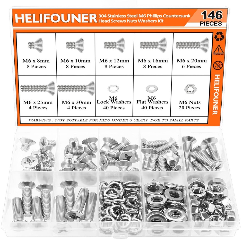 146 Pieces M6 x 8mm /10mm /12mm /16mm /20mm /25mm /30mm, Phillips Countersunk...