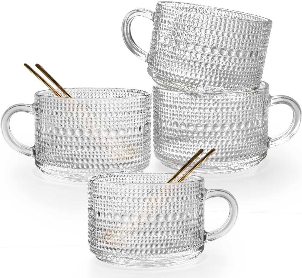 Vintage 14 oz Stackable Glass Coffee Mug Set of 4 with Embossed Design