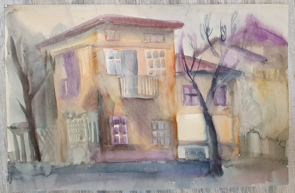 Vintage expressionist watercolor painting cityscape