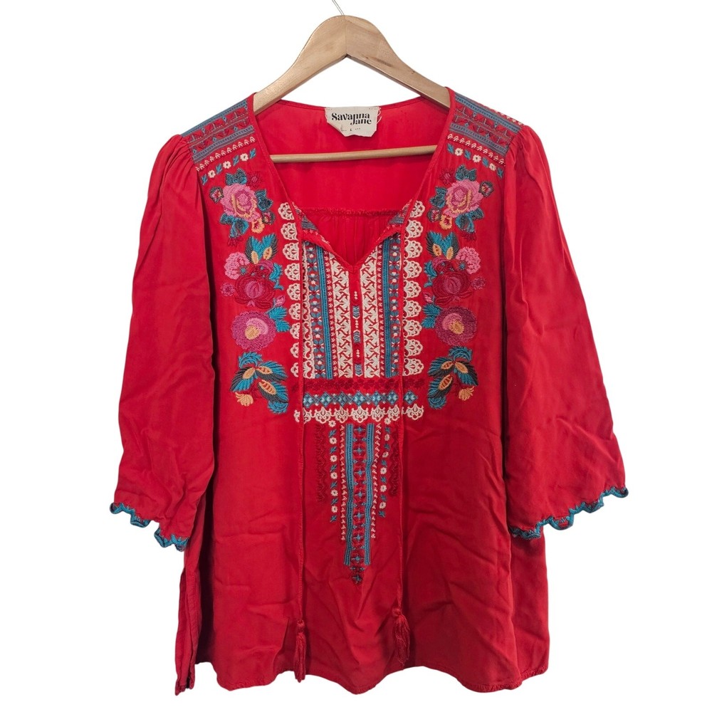 Savanna Jane Blouse Womens Lg Red Embroidered Floral Boho Cottage Indie Relaxed
